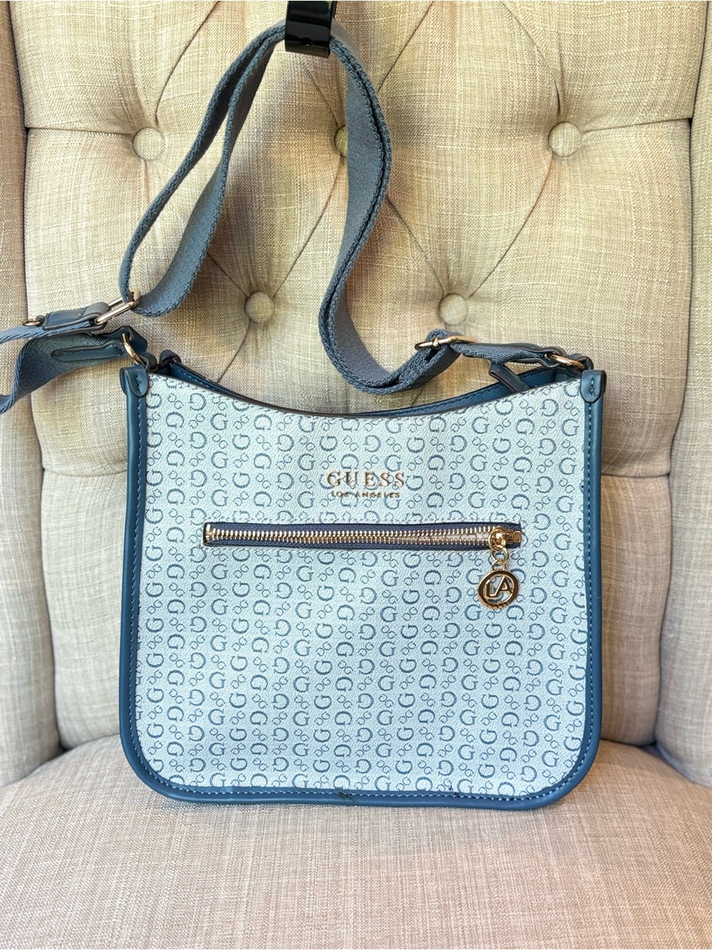 GUESS Blue and White Logo Crossbody with Gold Hardware